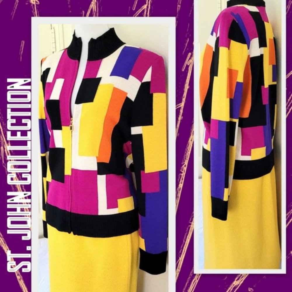 St. John Collection Knit Skirt Suit Zip Jacket